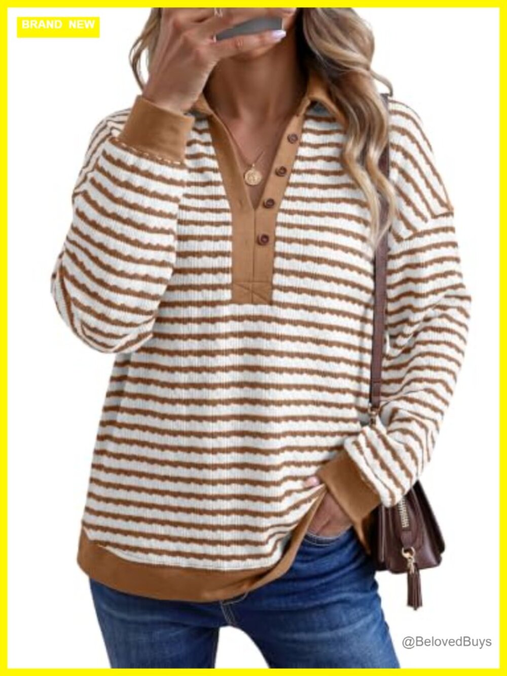 Oversized Lightweight Henley Neck Sweatshirt Color-Block Knit Pullover